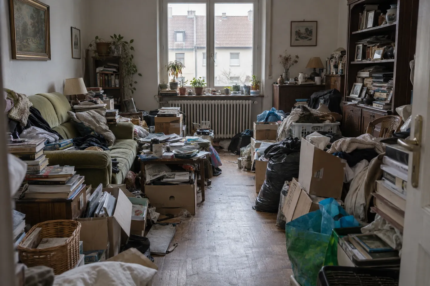 Séjour fortement encombré par des sacs, cartons et objets à trier avant une remise en état