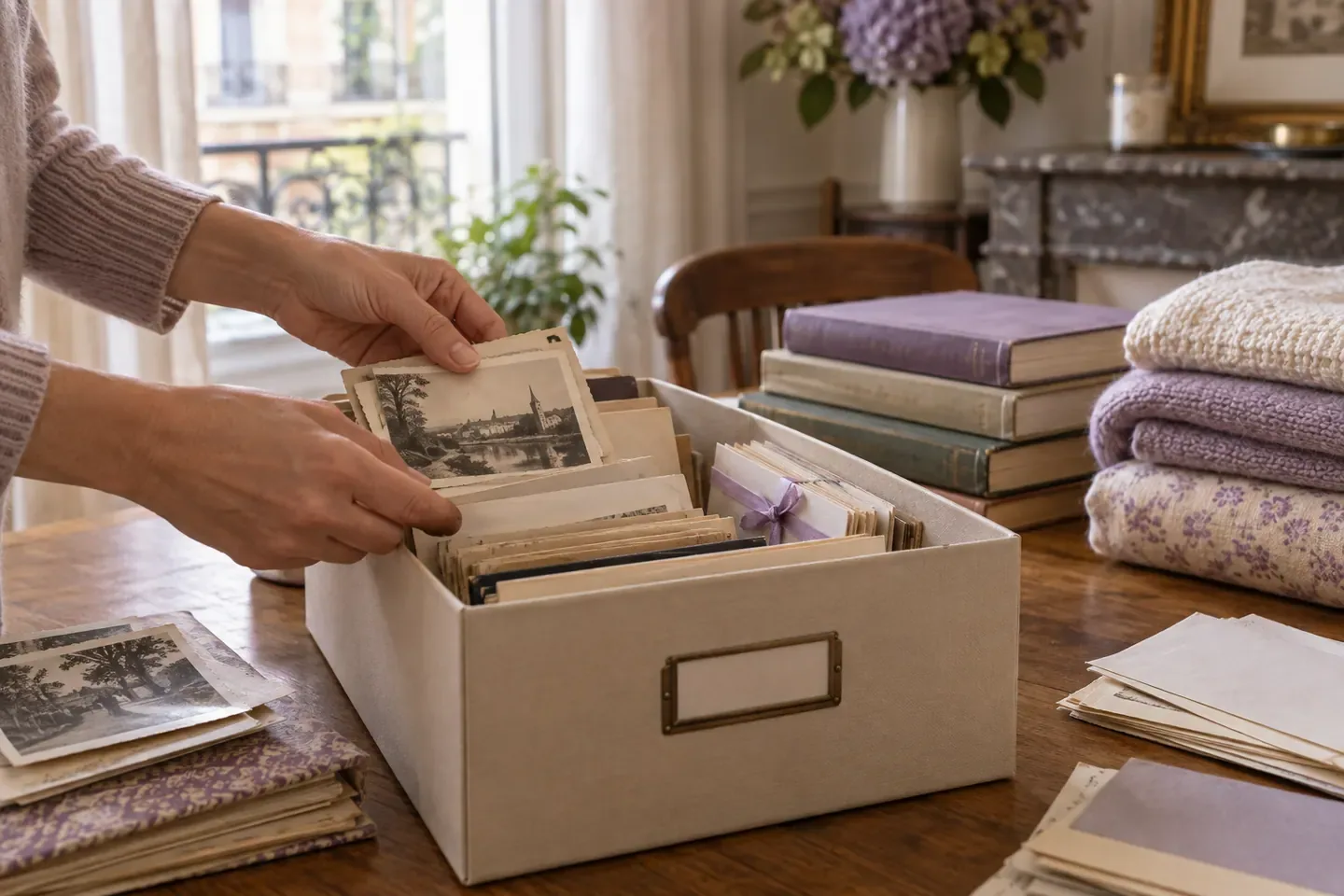 Documents et petits objets disposés avec soin sur une table pour être triés